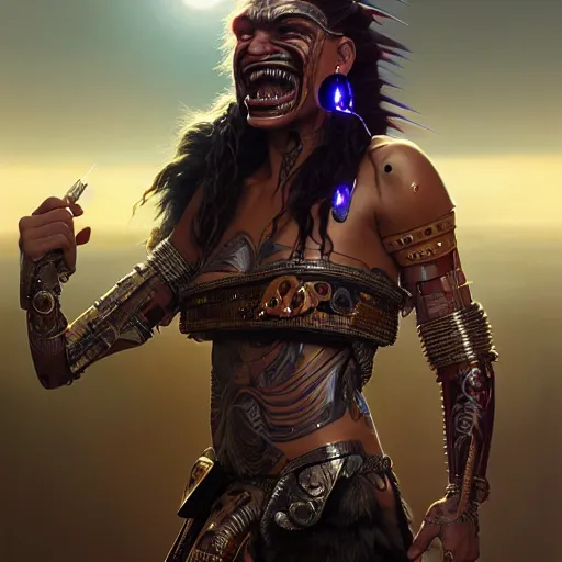 Image similar to portrait painting of a proud cyberpunk maori warrior laughing, ultra realistic, concept art, intricate details, eerie, highly detailed, photorealistic, octane render, 8 k, unreal engine. art by artgerm and greg rutkowski and magali villeneuve and alphonse mucha