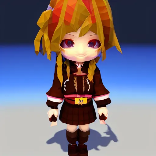 Prompt: ultra low poly modelling, walking left frame, isometric view, 1 6 bit colors, from touhou, a chibi girl, brown jacket with long sleeves, pigtails hair, volumetric lighting, fantasy, 4 k, intricate, hyper realistic, by blizzard, warcraft 3, backlit