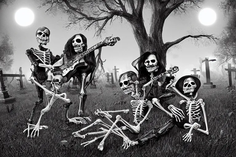 Prompt: rockers as skeletons with electric guitars in the hands in a cemetery, evil rock concert, dark night, full moon, the oak tree, highly detailed digital art, photorealistic