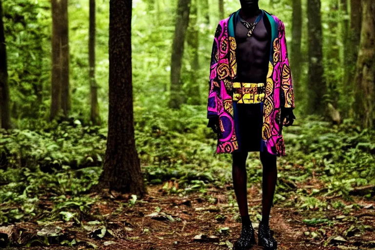 Image similar to versace avant garde male toga intricate textiles streetwear cyberpunk african american black skin in the woods overcast late evening dramatic 3 5 mm professional color