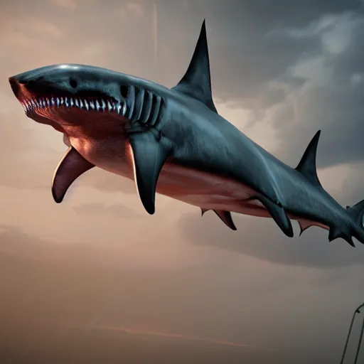 Prompt: Flying cyborg shark in a thunderstorm, dramatic lighting raytracing render, unreal engine 4, teeth are clearly visible