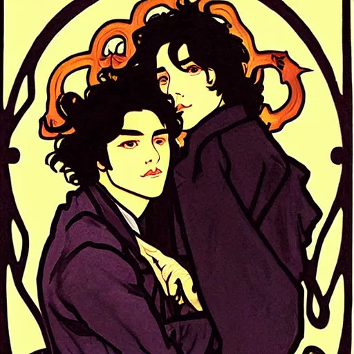 Image similar to painting of young cute handsome beautiful dark medium wavy hair man in his 2 0 s named shadow taehyung and cute handsome beautiful min - jun together at the halloween! party, bubbling cauldron!, candles!, smoke, autumn! colors, elegant, wearing suits!, delicate facial features, art by alphonse mucha, vincent van gogh, egon schiele