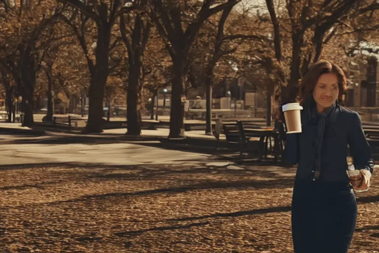 Prompt: Flim still of a woman drinking coffee, walking to work, long shot, wide shot, full shot