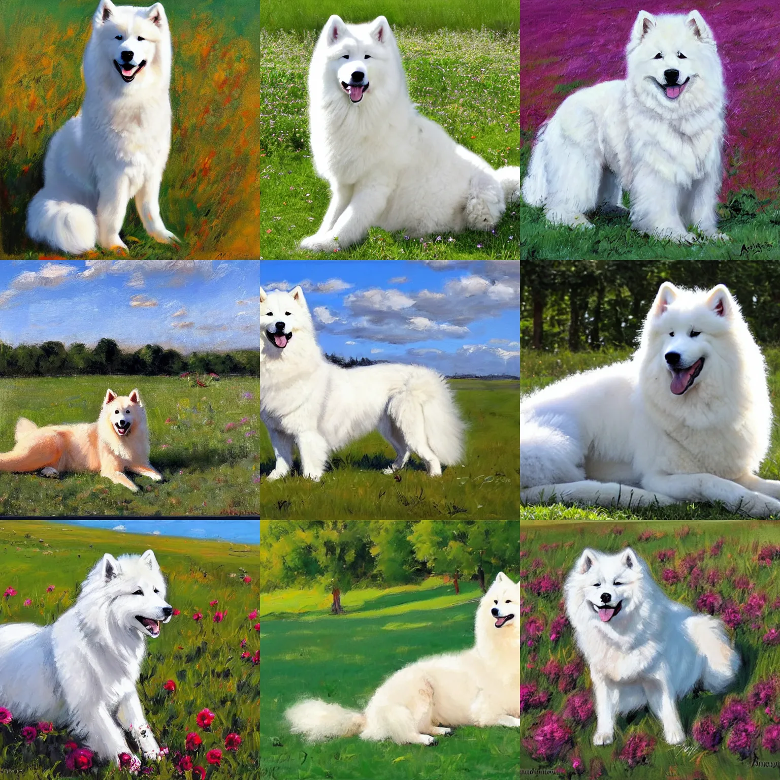 Prompt: a samoyed dog sitting in the middle of sunny meadow, by andrew atroshenko