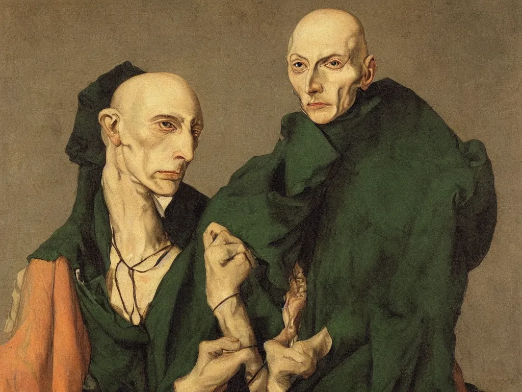 Prompt: Portrait of bald, bony, high cheekbones, primitive, green-eyed. Painting by Matthias Grünewald