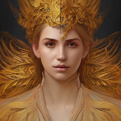 Prompt: a portrait of an attractive young female, beautiful long hear, clothed in golden feathers, intricate, elegant, highly detailed, digital painting, trending on artstation, concept art, smooth, sharp focus, illustration, art by artgerm and greg rutkowski and alphonse mucha