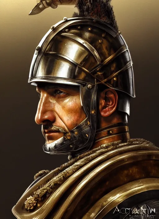 Prompt: roman general, handsome noble, ancient soldier, close - up portrait of roman warrior in lorica segmentata, character portrait, masterfully shaded, deep focus, amber eyes, insane color, artstation, perfect dramatic lighting, 8 k, game cover art, sharp focus, anatomically correct, historical reconstruction, by artgerm