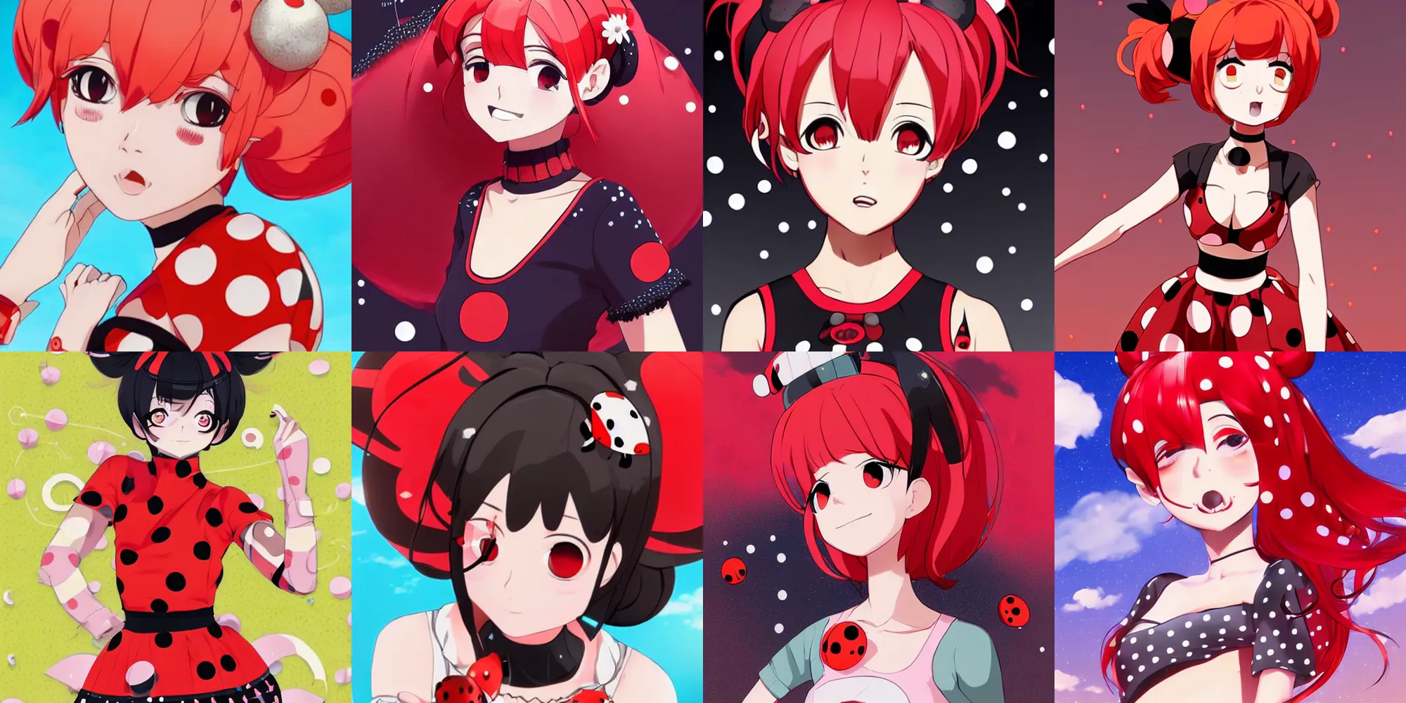 Prompt: portrait of a ladybug gijinka with red hair and space buns wearing a polka dot top and black skirt bearing her fangs in the style of mika pikazo and ilya kuvshinov, anime key visual, digital art