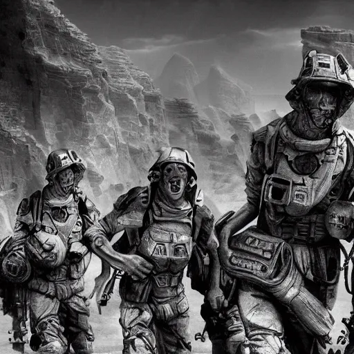 Prompt: soldiers exploring an alien world, 1 9 2 0's sci - fi, black and white, 8 k, highly ornate intricate details, extreme detail,