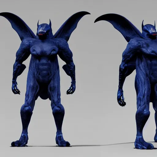 Image similar to front and back character view of scary giant mutant dark blue humanoid bat, glowing red eyes flying above a stormy ocean, sharp teeth, acid leaking from mouth, realistic, giant, bat ears, bat nose, bat claws, bat wings, furred, covered in soft fur, detailed, trending on artstation clean concept art and sheet that using unreal engine 5 render and hyper detailed 3D texture with cinematic software light 85mm f/1.4