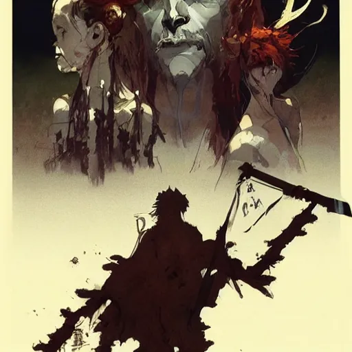 Image similar to after death, only his singing remained in this land, hanafuda concept art trending on artstation by yoji shinkawa, esao andrews, james jean and raoul ruiz