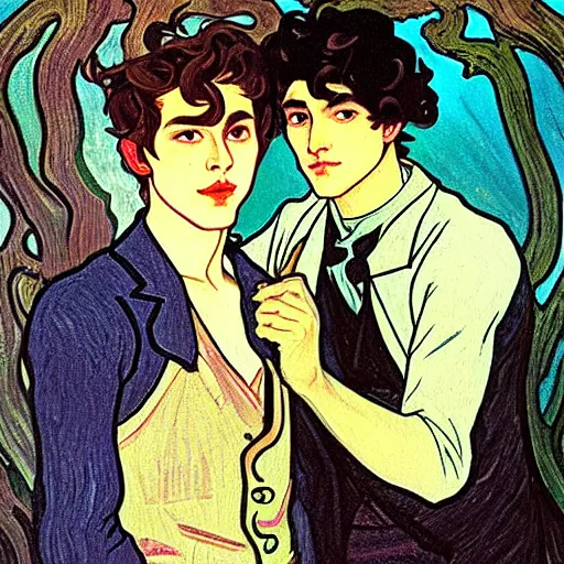 Image similar to painting of young cute handsome beautiful dark medium wavy hair man in his 2 0 s named shadow taehyung and cute handsome beautiful min - jun together at the halloween! party, bubbling cauldron!, candles!, smoke, autumn! colors, elegant, wearing suits!, delicate facial features, art by alphonse mucha, vincent van gogh, egon schiele