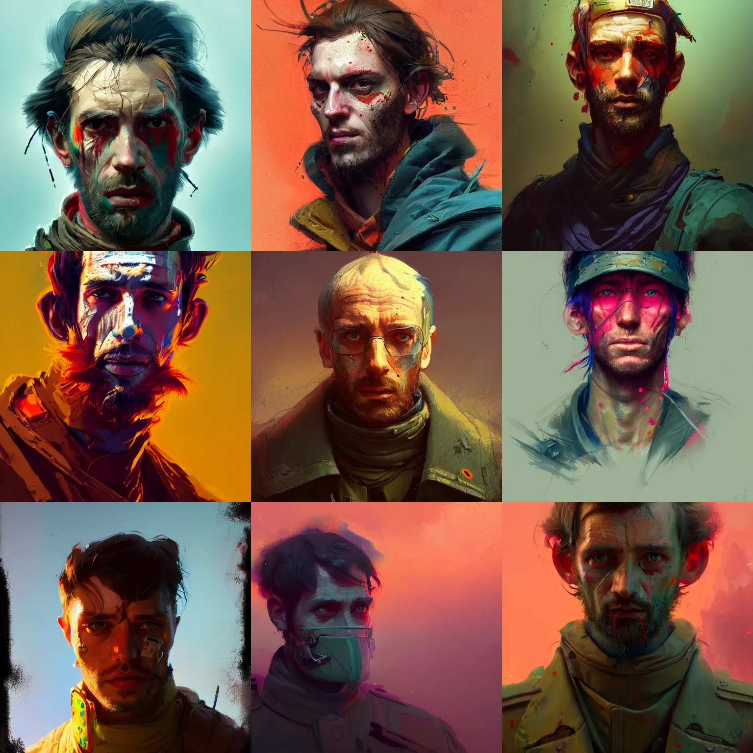 Prompt: a post - minimalism portrait of sickly looking man in uniform vibrant color scheme, post - apocalyptic highly detailed, in the style of romanticism, cinematic, artstation, moebius, greg rutkowski