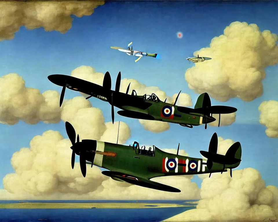 Prompt: an achingly beautiful print of one supermarine spitfire by raphael, hopper, and rene magritte. detailed, romantic, enchanting, trending on artstation.