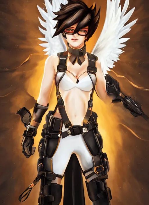 Image similar to full body artwork of tracer overwatch wearing leather collar, angel wings, dramatic painting, symmetrical composition, wearing detailed leather collar, black shiny armor, chains, black harness, detailed face and eyes,