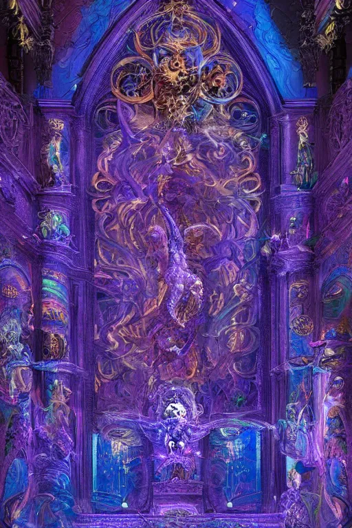 Prompt: intricately detailed calm warm terrifying forms and made of soft translucent blue and violet plastic, glowing cosmic nebulae in an ornate rococo cathedral, intricately detailed colorful modern style by Damien Hirst, Artstation