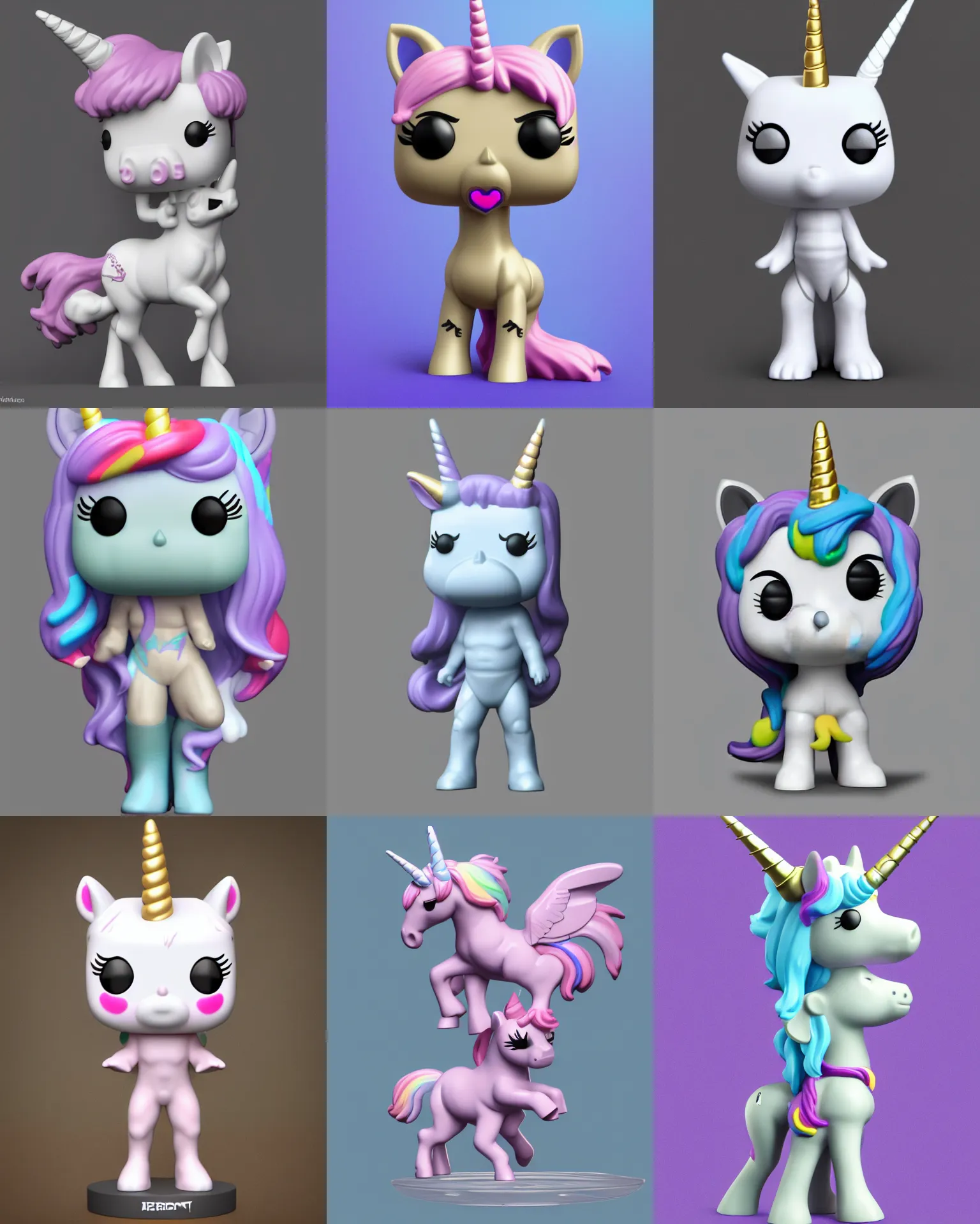 Prompt: full body 3 d render of unicorn as a funko pop!, soft lighting, transparent, single body, no shadow, blender, trending on artstation, 8 k, highly detailed