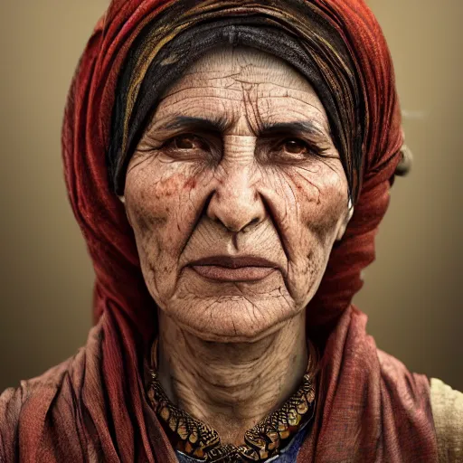 Image similar to hyperrealistic mixed media high resolution image of a beautiful Kurdish grandmother, stunning 3d render inspired art by István Sándorfi and Greg Rutkowski and Unreal Engine, perfect symmetry, dim volumetric lighting, 8k octane beautifully detailed render, post-processing, extremely hyper-detailed, intricate, epic composition, highly detailed attributes, highly detailed atmosphere, full body shot, cinematic lighting, masterpiece, trending on artstation, very very detailed, masterpiece, stunning, flawless structure, lifelike texture, perfection,