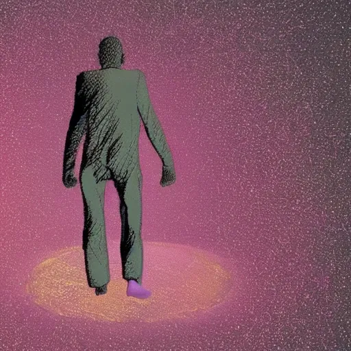Prompt: an abstract animation of a man walking into a void of non space