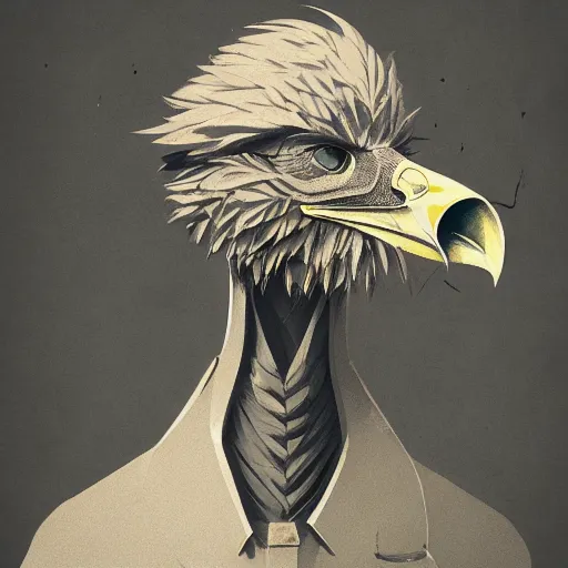 Image similar to ripped physique beak beak Man portrait Sherlock Samuel Beckett Beak Detective Anthropomorphic furry fashion vogue Vulture man wearing a Buzzard costume wearing a hobo costume gerald brom bastien grivet greg rutkowski norman rockwell portrait face head beak eyes illustration tombow