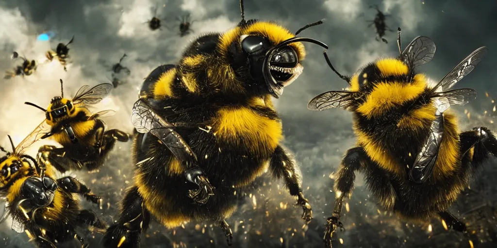 Prompt: Bumblebees going to war, realistic 4k octane beautifully detailed render, 4k post-processing, highly detailed, intricate complexity, epic composition, magical atmosphere, cinematic lighting, masterpiece, ultra hd