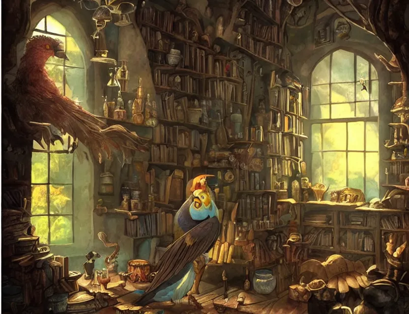 Prompt: magical magpie in an alchemist's study. this matte painting by the beloved children's book illustrator has a beautiful composition, dramatic lighting.