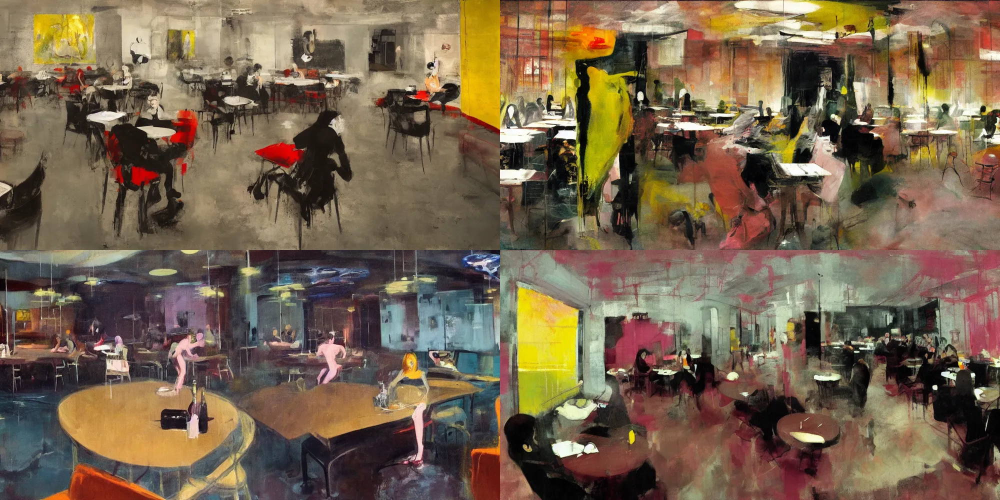 Prompt: a hot college girl spasming in a void cafe full of existential void, painted by Francis Bacon, style of Adrian Ghenie ultradetailed 8k, Brett Amory, Peter Doig