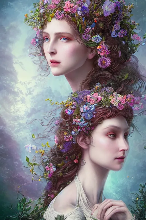 Image similar to a portrait of a beautiful elvish goddess with flowers in her hairs , fairy-like , 8k, highly detailed, sharp focus, ethereal clothes, astral environment, in style of Anna Dittmann and Mark Arial and Artgerm and Gerald Brom