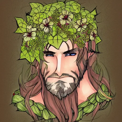 Image similar to male firbolg druid with vines and hibiscus flowers as hair simple drawing, comic style