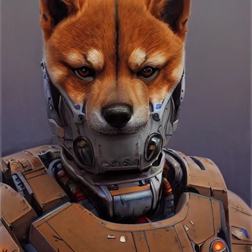 Image similar to the expanse martian goliath powered armor, anthropomorphic shiba inu, realistic scifi, portrait art by donato giancola and greg rutkowski, realistic face, digital art, trending on artstation, symmetry