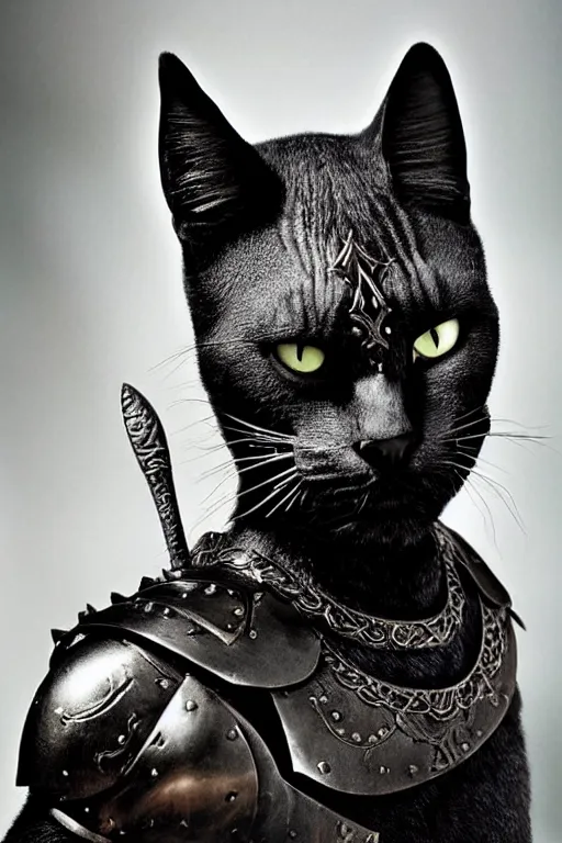 Image similar to head and shoulders portrait of a warrior, tabaxi, black cat, male, breastplate, magical, high fantasy, d & d, by annie liebovitz, face details, extremely detailed, vogue fashion photo