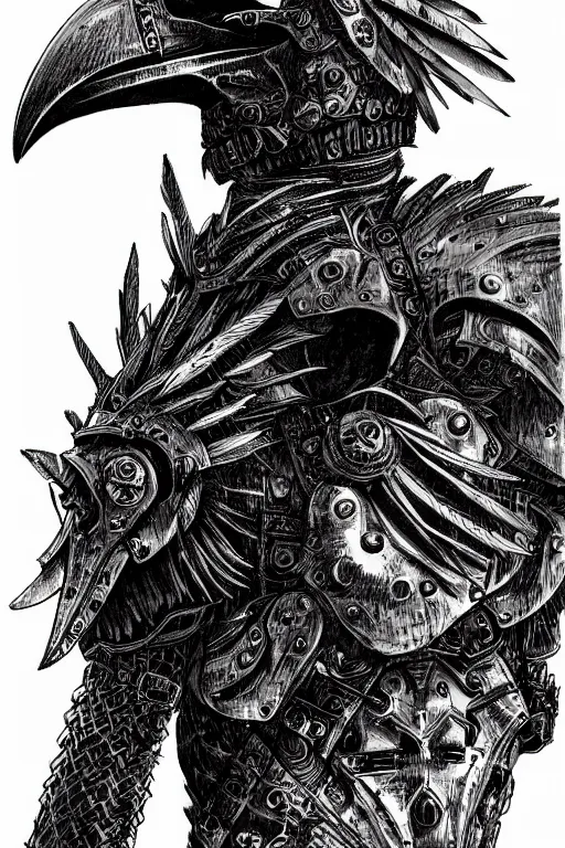 Image similar to armoured raven humanoid monster, crows feet, symmetrical, highly detailed, digital art, black feather armour, sharp focus, trending on art station, kentaro miura manga art style