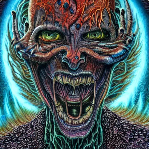 Prompt: horrifying monster in hell, maximalist, high detail, 8k, ornate, dark fantasy, realistic, masterpiece, Trending on art station, complex, Alex Grey