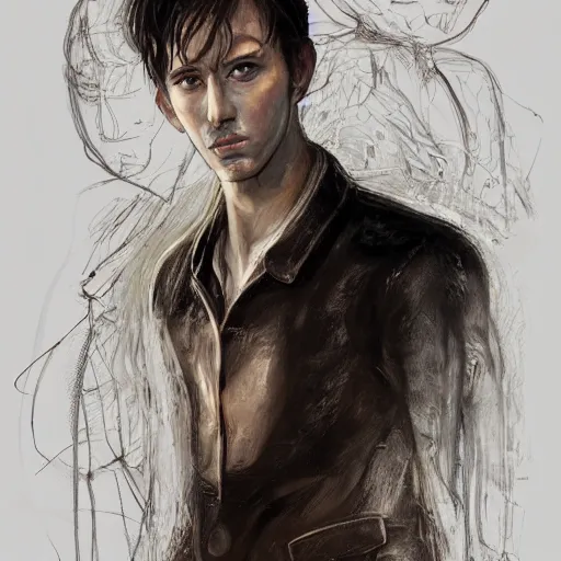 Prompt: portrait of a man by ayami kojima, he is about 3 0 years old, short black hair with bangs, his features are a mix between french, turkish and russian and he is wearing a beige and black utility jumpsuit, scifi, highly detailed portrait, digital painting, artstation, concept art, smooth, sharp foccus ilustration, artstation hq