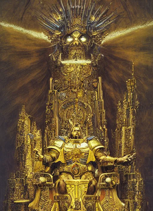 Image similar to omnious academic drawing of wh40k lichified but still regal Emperor of Mankind on his enormous golden throne by James Gurney, Beksinski and Alex Gray