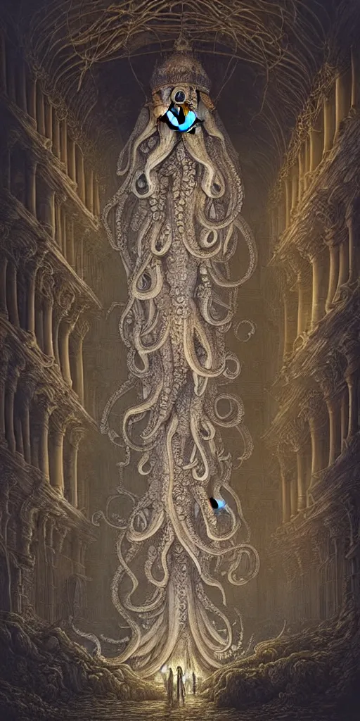 Prompt: group of mankind species mages with big translucent octopus heads and translucent jellyfishes floating around inside an ancient mage castle hall colossal scale, gothic and baroque, brutalist architecture, ultradetailed, Intricate by Ellen Jewett and Josan Gonzalez and Giuseppe Arcimboldo