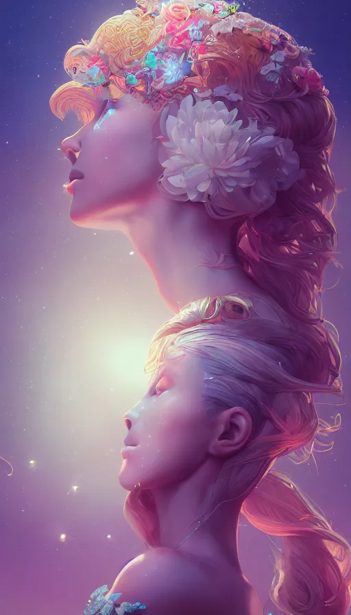 Image similar to a beautiful goddesses, profile, full body, universe in the background, dream, highly detailed, digital painting, refreshing, trending on artstation, octane render, illustration by james jean