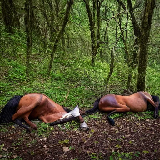 Image similar to two dead horses with many feather arrows on their body, lying on the woods path, dense thickets on each side, photo, 8 k