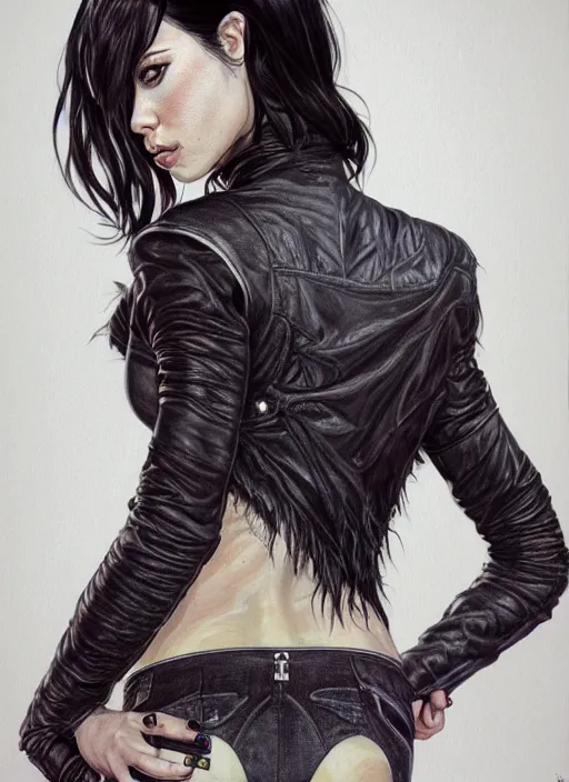 Prompt: a black haired woman in a leather jacket, muscular upper body, abs, d & d, fantasy, intricate, elegant, highly detailed, digital painting, artstation, concept art, smooth, sharp focus, illustration, art by martine johanna