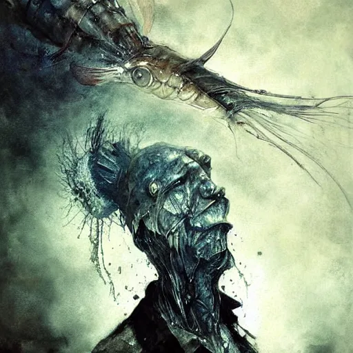 Image similar to mutant fishman sailor old man with gills and scales creatures from the deep ocean by emil melmoth zdzislaw beksinki craig mullins yoji shinkawa realistic render ominous detailed photo atmospheric by jeremy mann francis bacon and agnes cecile ink drips paint smears digital glitches glitchart