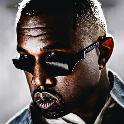 Prompt: cinematic photograph of Kanye West as a Futuristic Cyborg, close up, portrait, album cover, shallow depth of field, 40mm lens, gritty, textures