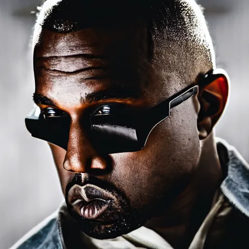 Image similar to cinematic photograph of Kanye West as a Futuristic Cyborg, close up, portrait, album cover, shallow depth of field, 40mm lens, gritty, textures