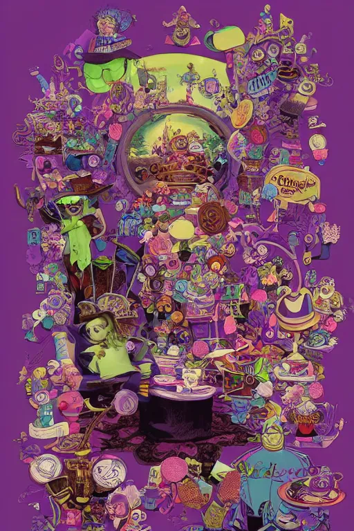 Prompt: whimsical pixar Johnny Depp in wonderland Willy Wonka's Chocolate Factory, Illustration, Colorful, insanely detailed and intricate, super detailed, by Lulu Chen, moebius, craig mullins