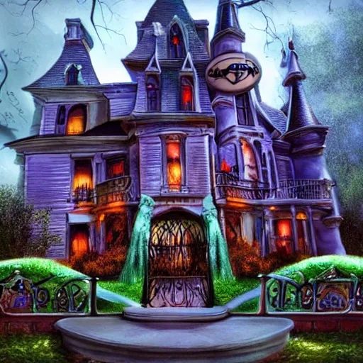 Image similar to Disney Haunted Mansion building scenes, fun, spooky, singing ghosts, 4k, photorealistic, high detail, hdr, atmospheric