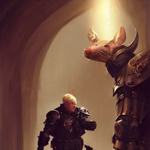 Image similar to boris johnson in armour iding a rat, anatomy, bathed in light, highly detailed, photorealistic, artstation, smooth, sharp focus, illustration, unreal engine 5, 8 k, art by artgerm and greg rutkowski and edgar maxence