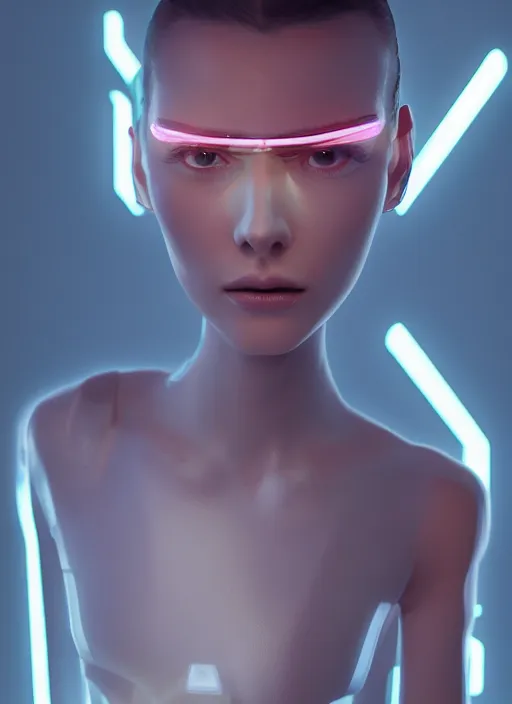 Image similar to white one cast futuristic biomechanic future human, beautiful face, female, futuristic, neon lights, cyberpunk, 8 k, digital painting, by beeple and makoto shinkai, trending on cg society, glamour pose, fashion photography, high fashion, canon r 3, photorealistic, hyper realisitic, 3 / 4 shot, full body, wide angle shot