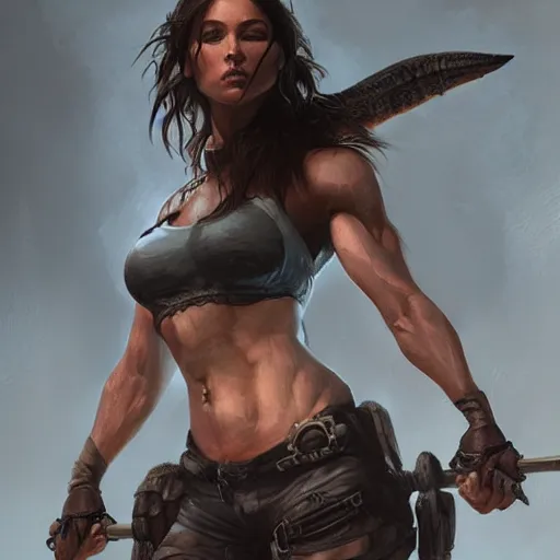 Image similar to lara croft as a female bodybuilder goth girl, fantasy, intricate, elegant, highly detailed, digital painting, artstation, concept art, matte, sharp focus, illustration, art by aenaluck and roberto ferri and greg rutkowski, epic fantasy, digital painting