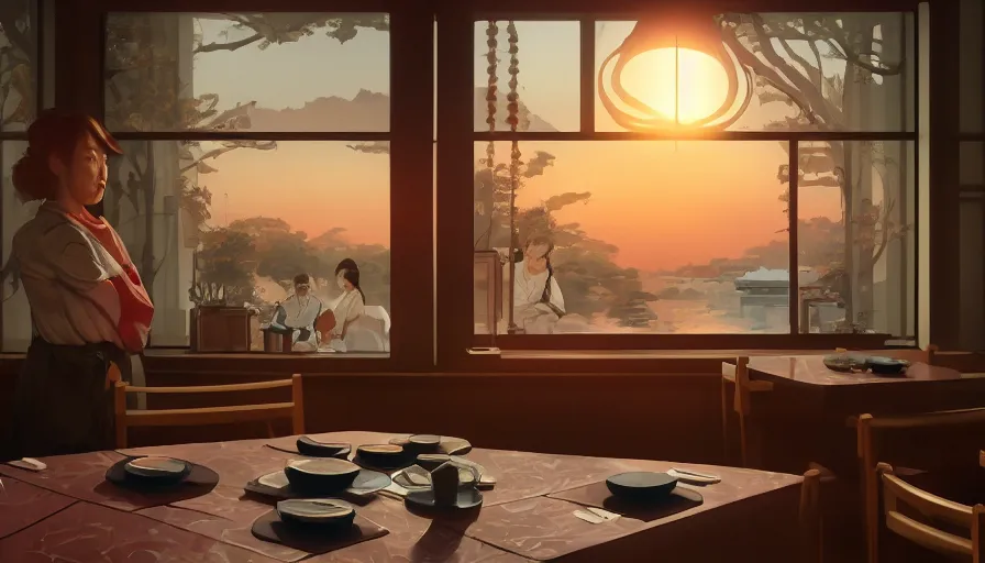 Image similar to old japanese restaurant with tables and chairs, sunrise through windows, old lady, hyperdetailed, artstation, cgsociety, 8 k