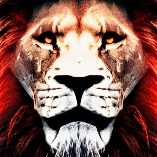 Prompt: anonymous lion face, closeup of face, volumetric lighting, face encircled by fire, crimson - black color scheme, intricate detail, award winning epic cinematic composition, photorealistic