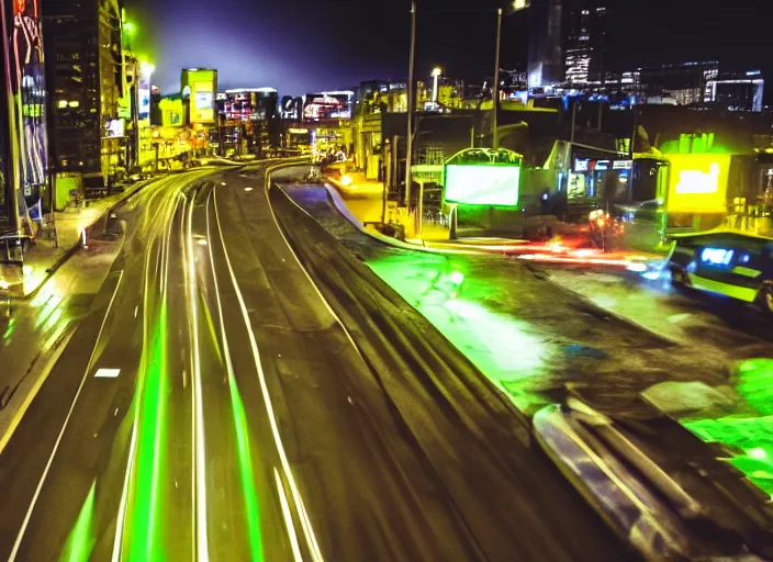 Prompt: a film still of a tonka truck driving in forward direction through a neon green city at night, cinematic